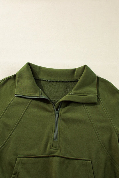 Moss Green Quarter Zip Stand Neck Kangaroo Pocket Sweatshirt - Chic Meadow Boutique 