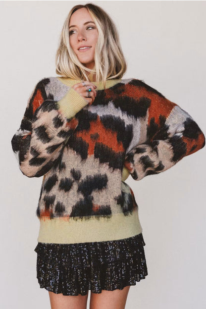 Khaki Leopard Print Drop Shoulder Long Sleeve Round Neck Sweater