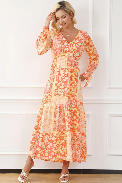 Orange Boho Floral Wrap V Neck Tie Long Sleeve Dress - Chic Meadow Boutique 