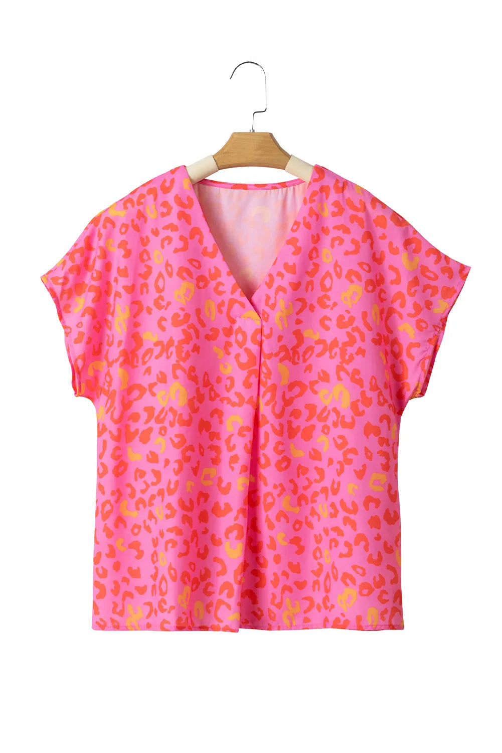 Pink Leopard V Neck Short Sleeve Blouse - Chic Meadow Boutique 