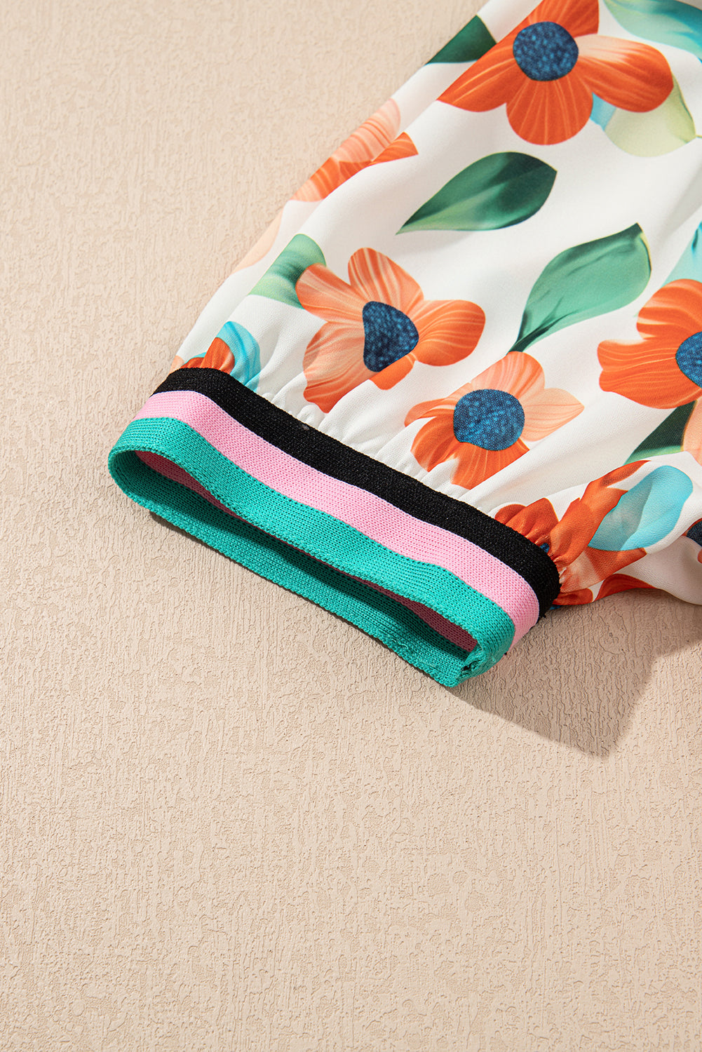 Orange Contrast Trim Floral Split Neck Puff Short Sleeve Tiered Mini Dress