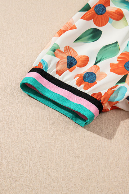 Orange Contrast Trim Floral Split Neck Puff Short Sleeve Tiered Mini Dress