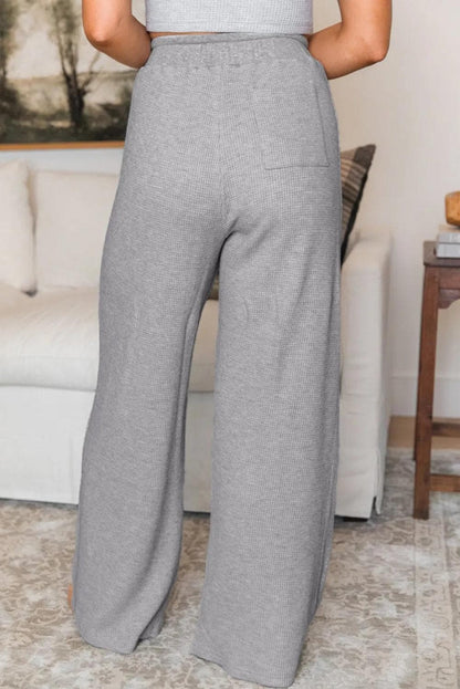 Bottoms/Pants & Culotte Gray Waffle Knit Drawstring High Waist Wide Leg Pants