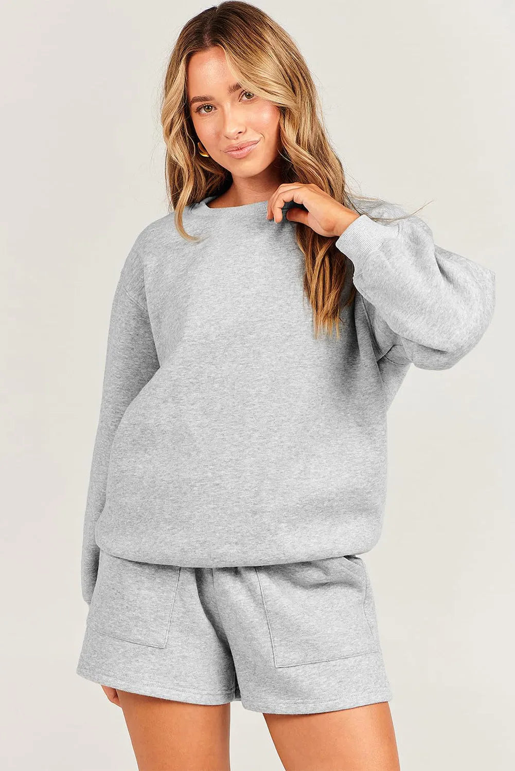 Light Grey Solid Pullover Sweatshirt and Shorts 2 Piece Set - Chic Meadow Boutique 