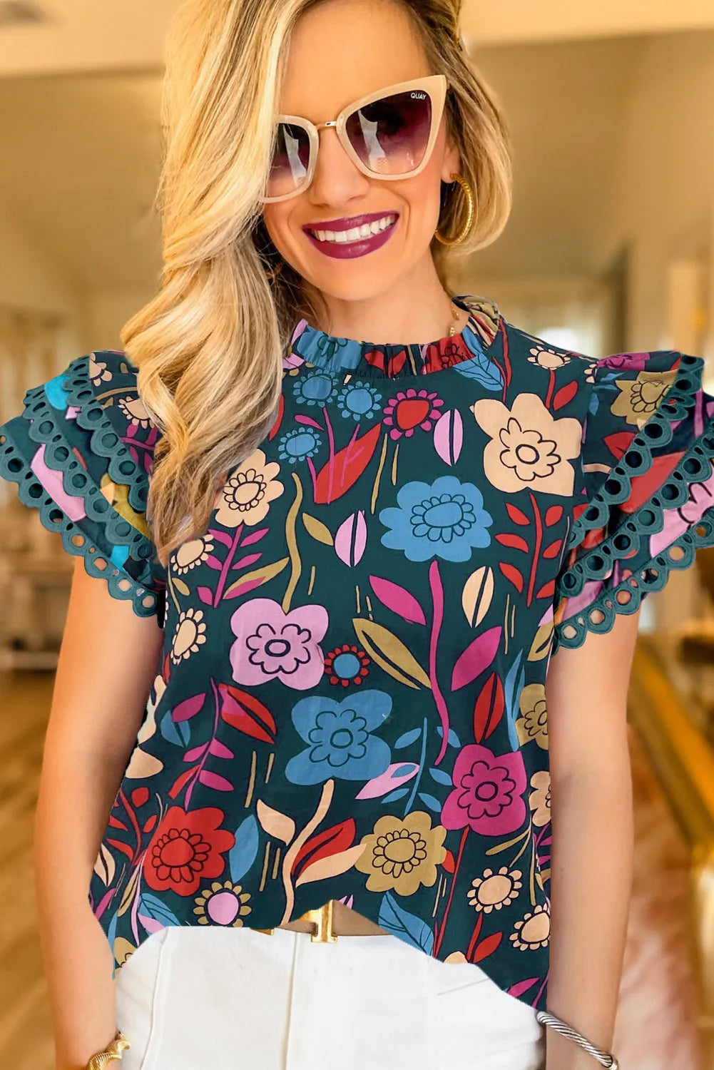 Green Trimmed Ruffle Sleeve Summer Floral Blouse - Chic Meadow Boutique 