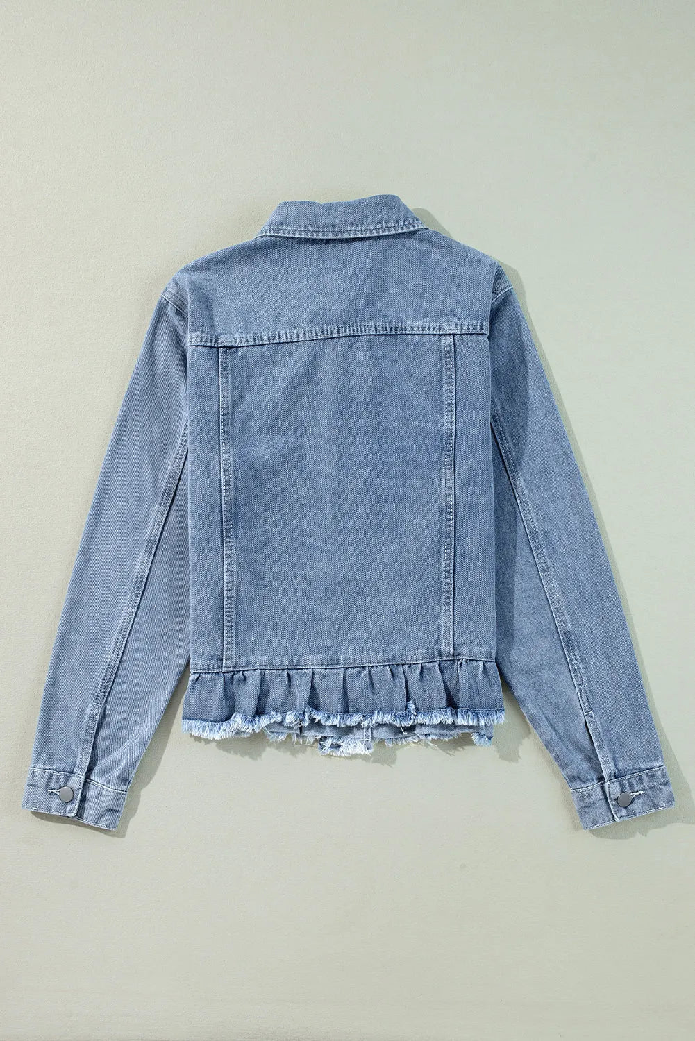 Beau Blue Ruffle Raw Hem Flap Pockets Denim Jacket - Chic Meadow Boutique 