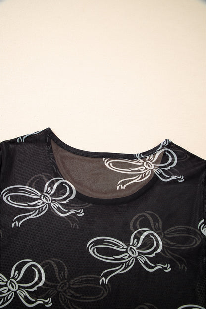Black Bow Printed Mesh Short Sleeve Top