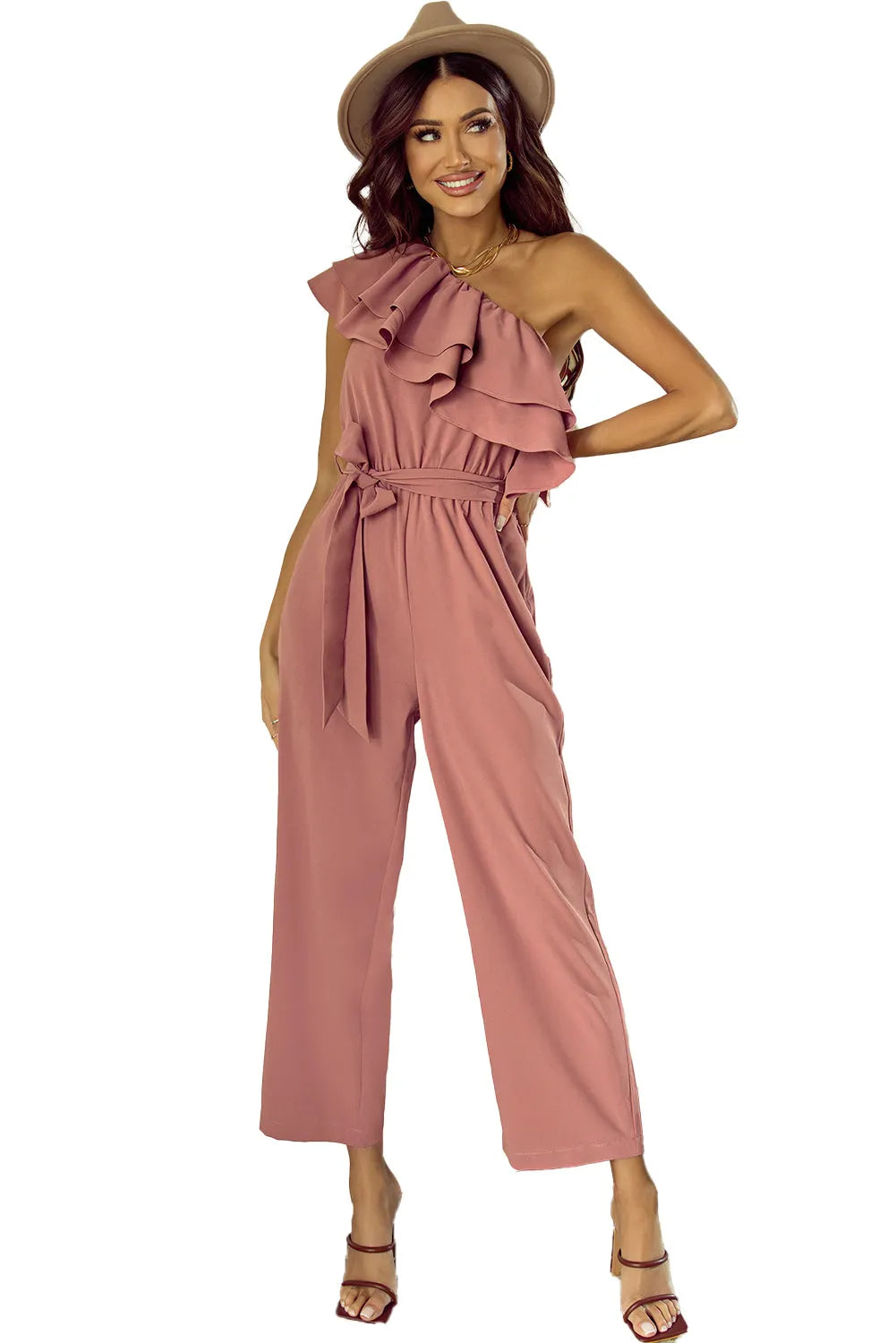 Dusty Pink One Shoulder Ruffle Trim Belted Jumpsuit - Chic Meadow Boutique 