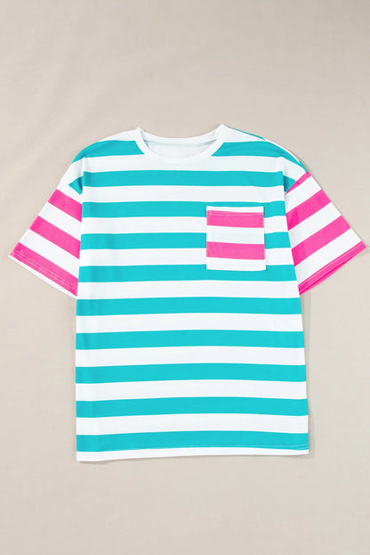 Blue Stripe Contrast Patch Pocket Drop Sleeve T Shirt - Chic Meadow Boutique 