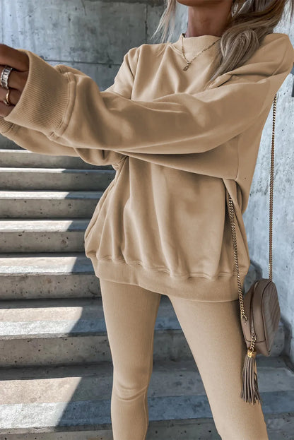 Beige Solid Sweatshirt and Leggings Two Piece Set - Chic Meadow Boutique 