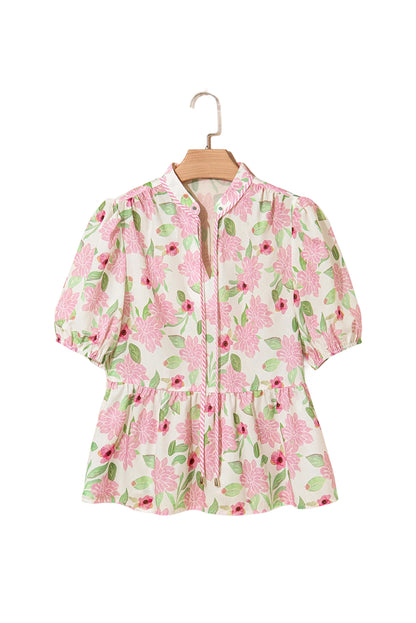 Pink Floral Print Drawstring V Neck Peplum Blouse