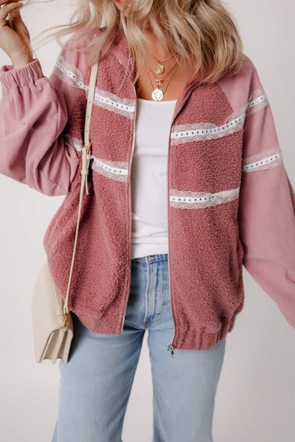 Rose Pink Sherpa Patchwork Lace Elastic Cuff Zip Up Jacket - Chic Meadow Boutique 