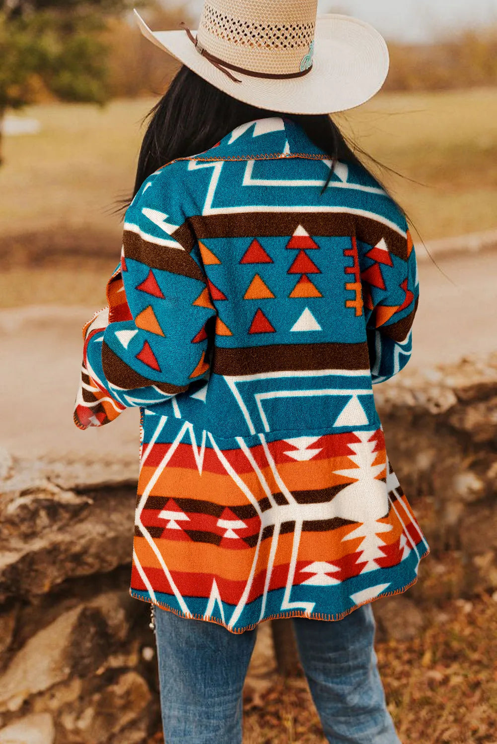 Sky Blue Aztec Printed Lapel Bell Sleeve Jacket - Chic Meadow Boutique 