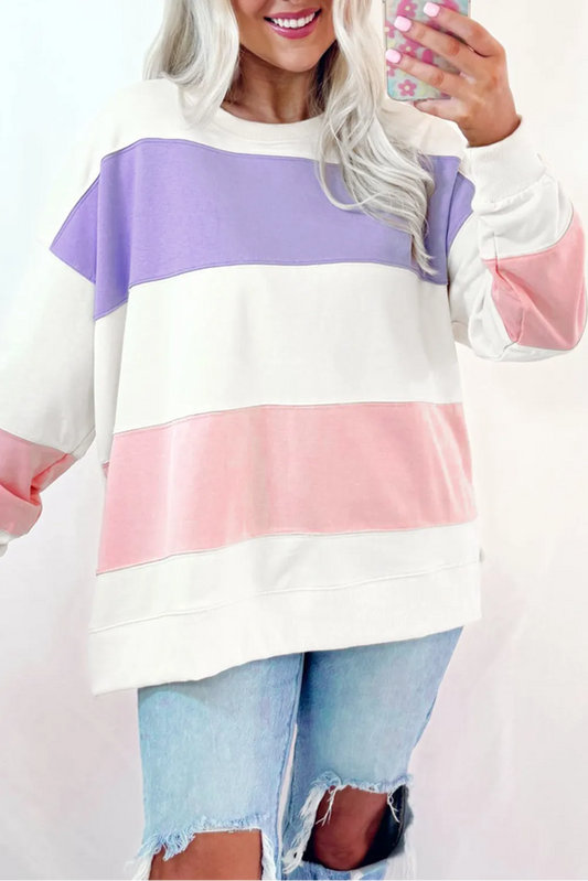 Beige Colorblock Patchwork Drop Shoulder Crewneck Sweatshirt - Chic Meadow Boutique 