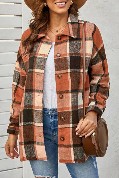 Outerwear/Jackets Orange Plaid Print Buttoned Shirt Jacket