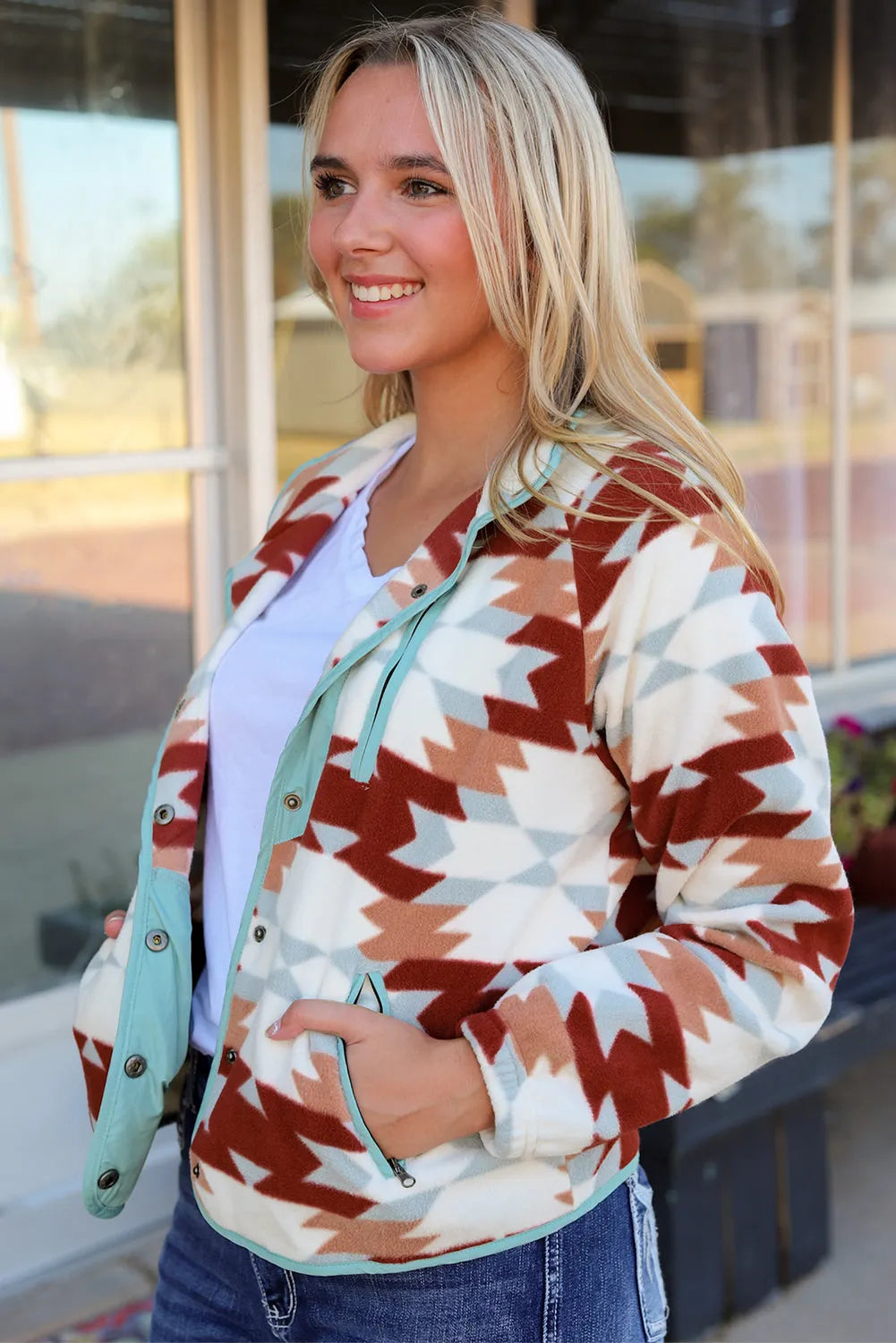 Fiery Red Western Aztec Buttoned Zipper Pockets Fleece Jacket - Chic Meadow Boutique 