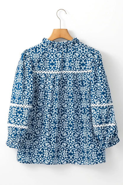 Blue Floral Ric-rac Patchwork Button Loose Fit Shirt - Chic Meadow Boutique 