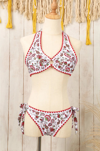 Red Floral Halter O-Ring Backless Knot Bikini Set - Chic Meadow Boutique 