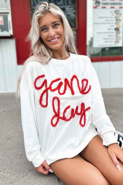 White Tinsel Game Day Drop Shoulder Graphic Sweatshirt - Chic Meadow Boutique 