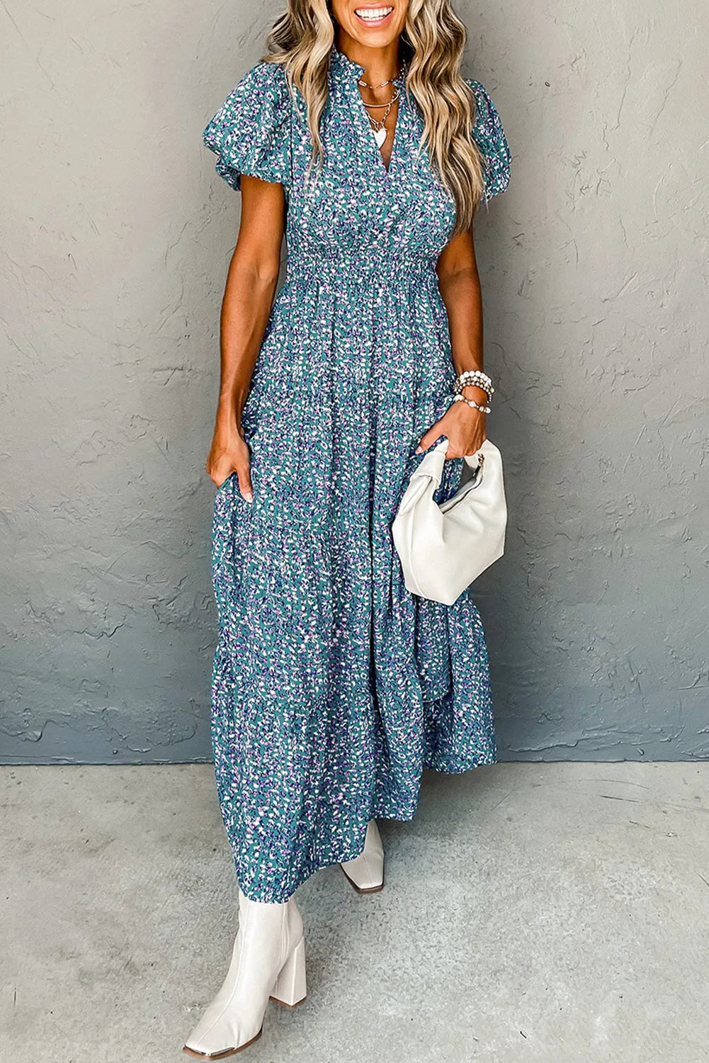 Blue Printed V Neck Shirred Short Puff Sleeve Maxi Dress - Chic Meadow Boutique 