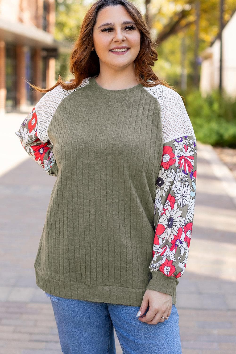 Plus Size/Plus Size Tops/Plus Size Blouses & Shirts Vineyard Green Plus Size Textured Floral Patchwork Raglan Sleeve Blouse