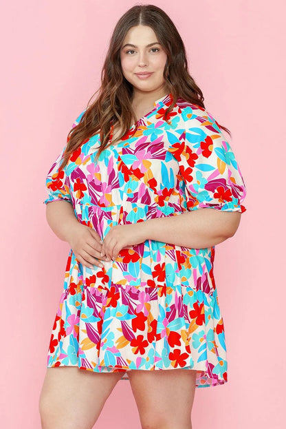 Plus Size/Plus Size Dresses/Plus Size Mini Dresses Multicolour Floral Tiered V Neck Plus Dress