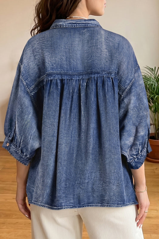 Dusk Blue Three Quarter Sleeve Button Front Loose Denim Shirt