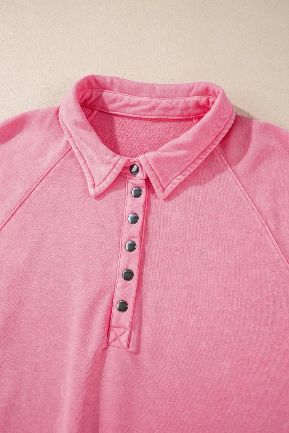 Pink Solid Snap Buttons Collared Balloon Sleeve Oversized Sweatshirt - Chic Meadow Boutique 