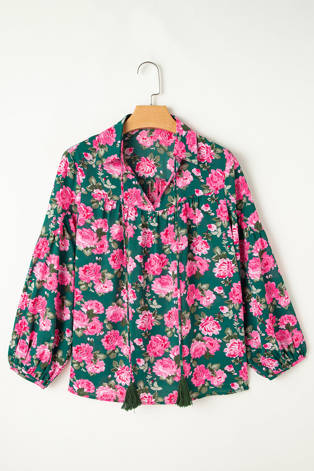 Green Floral Printed Tied Collar Puff Sleeve Blouse