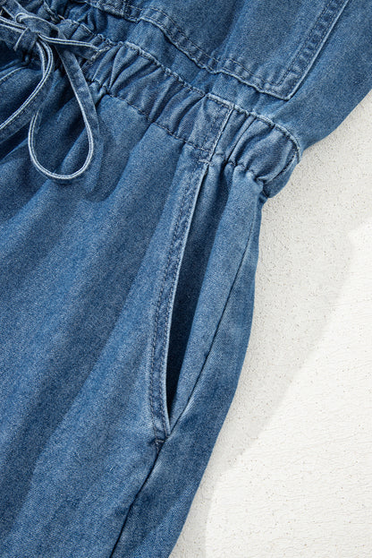 Sky Blue Buckle Straps Bib Style Drawstring Tied Backless Flared Denim Romper