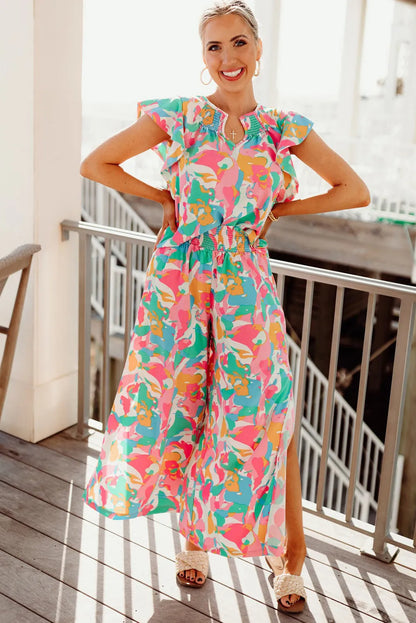 Floral Ruffled Sleeve Top Smocked Wide Leg Pants Set - Chic Meadow Boutique 