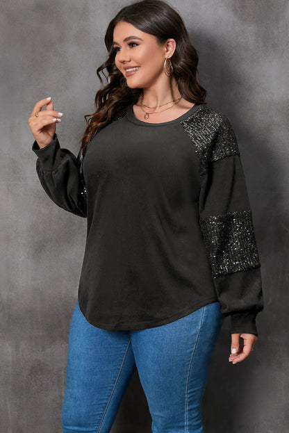 Black Plus Size Sequin Patchwork Crew Neck Long Sleeve Top - Chic Meadow Boutique 