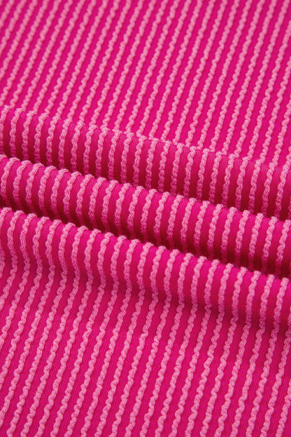 Rose Red 3D Spiral Ribbed Texture 2 Tones Patchwork Short Set