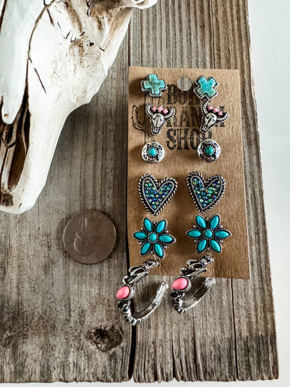 6 Pair Western Navajo Style Rhinestone Stud Stud Earring Set