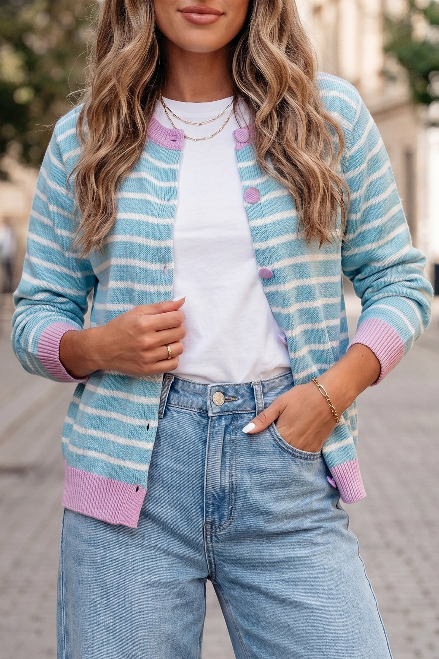 Sky Blue Stripe Striped Long Sleeve Round Neck Casual Open Front Cardigan