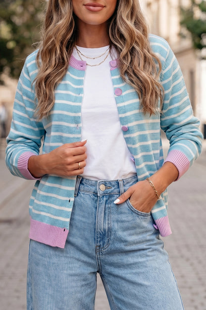 Sky Blue Stripe Striped Long Sleeve Round Neck Casual Open Front Cardigan