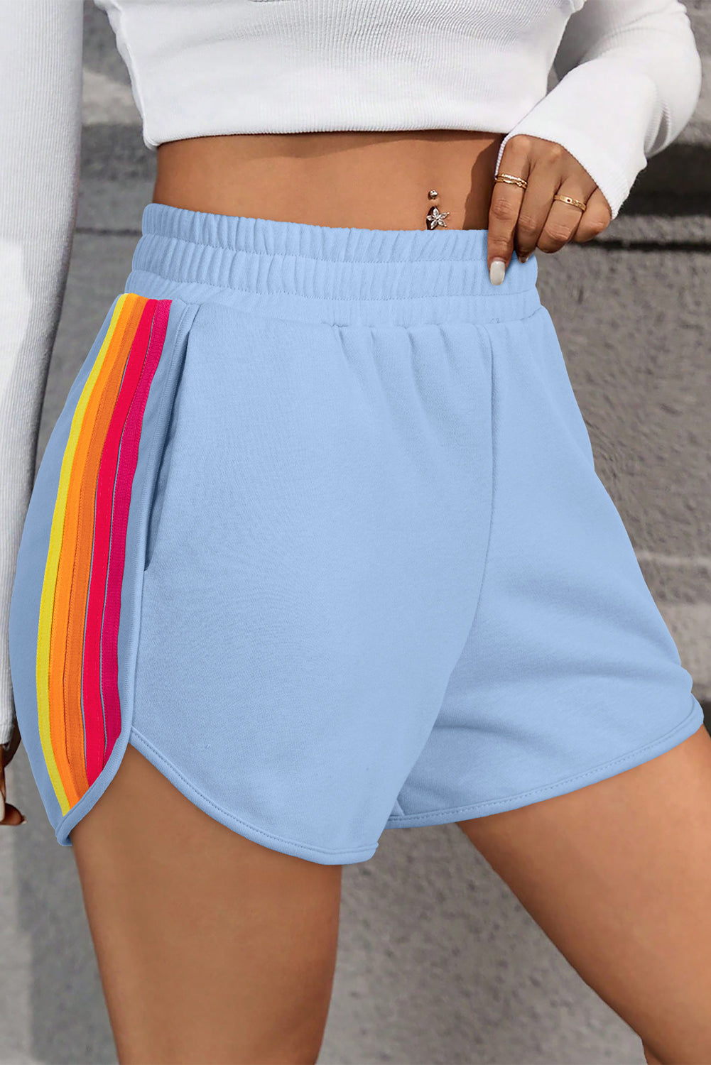 Beau Blue Color Block Stripes Elastic High Waist Active Shorts