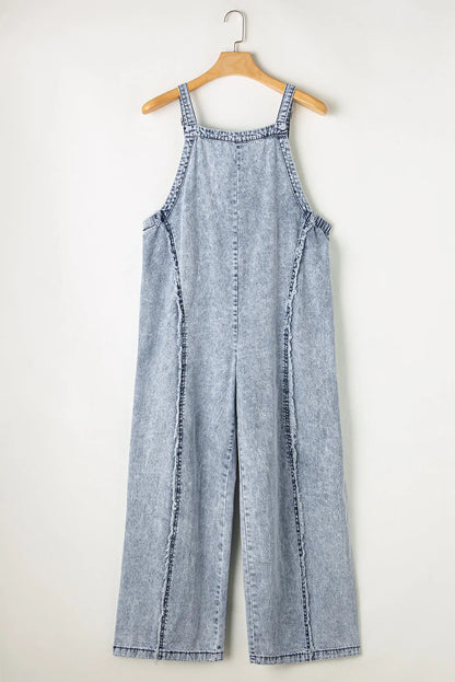 Beau Blue Light Wash Frayed Exposed Seam Wide Leg Denim Overall - Chic Meadow Boutique 