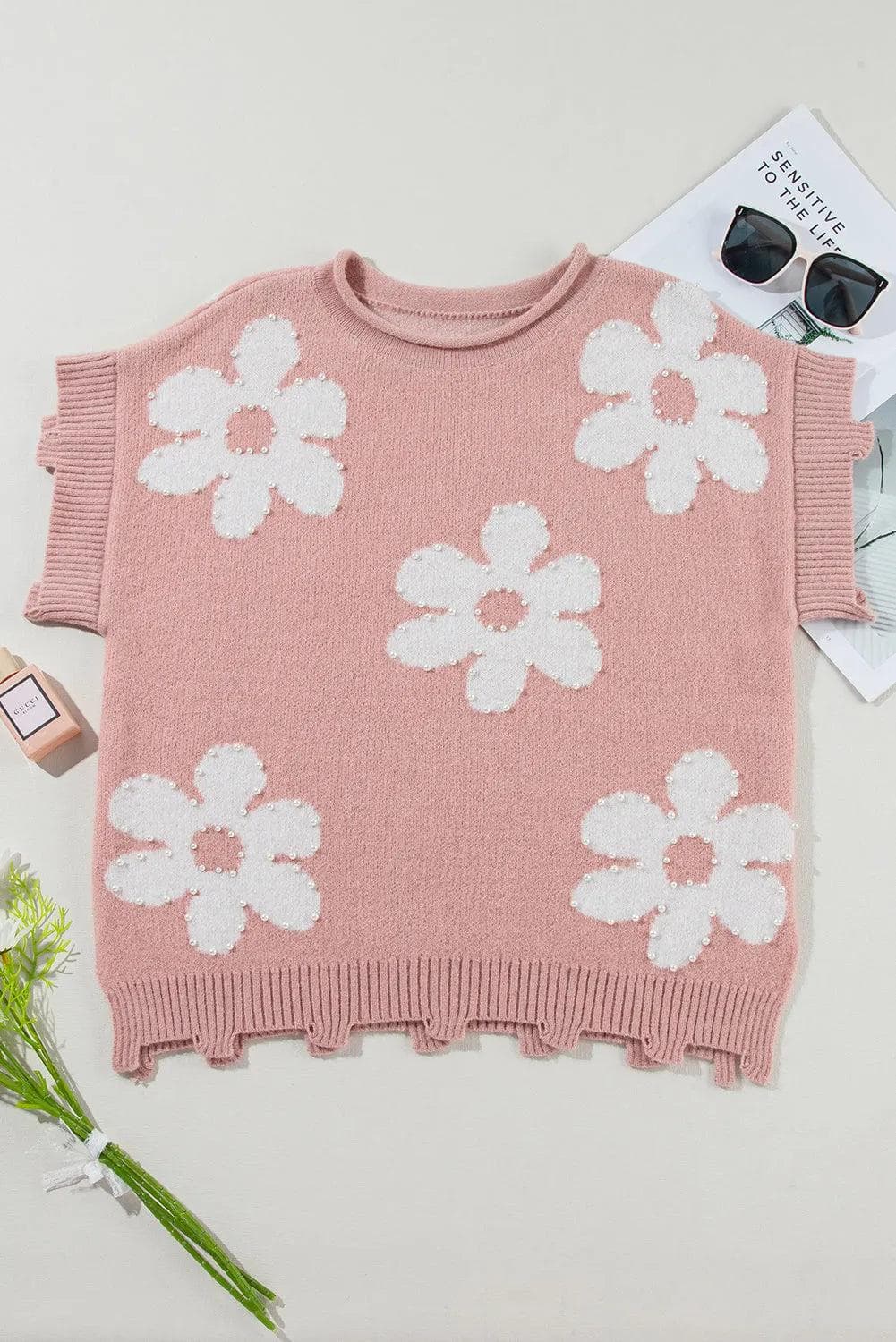 Tops/Short Sleeve Sweaters Light Pink / S / 42%Acrylic+30%Polyester+28%Polyamide Light Pink Pearled Flower Distressed Edge Sweater T Shirt