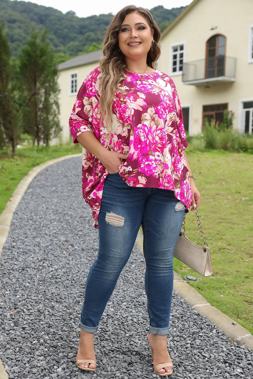 Red Floral Print Short Sleeve Plus Size Blouse - Chic Meadow Boutique 