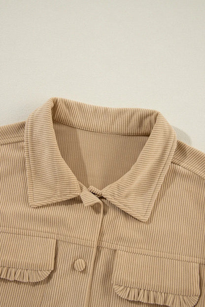 Light French Beige Solid Frilled Flap Pocket Button Up Corduroy Shacket - Chic Meadow Boutique 