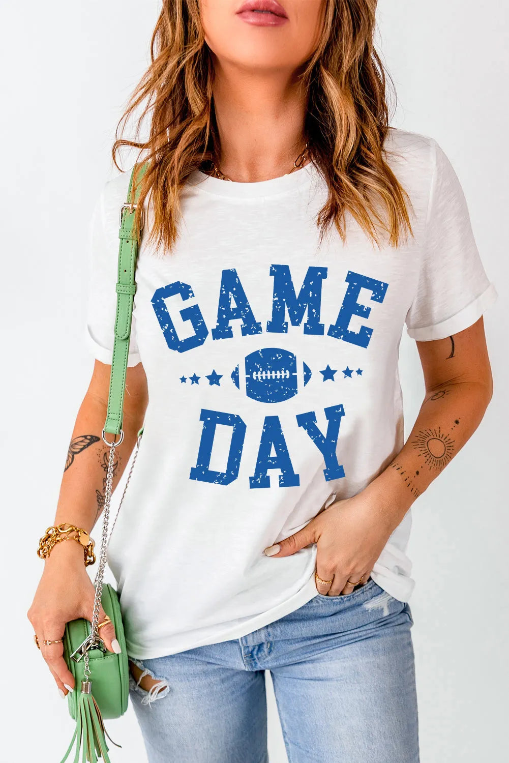 White GAME DAY Rugby Football Graphic Crewneck T Shirt - Chic Meadow Boutique 