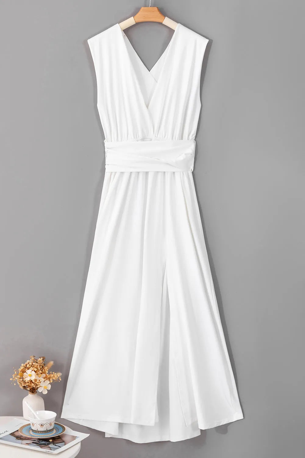 White Sleeveless Ruched High Split Cutout Back Maxi Dress - Chic Meadow Boutique 