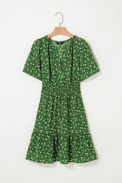 Green Floral Print Wrap V Neck Short Sleeve High Waistband Mini Dress