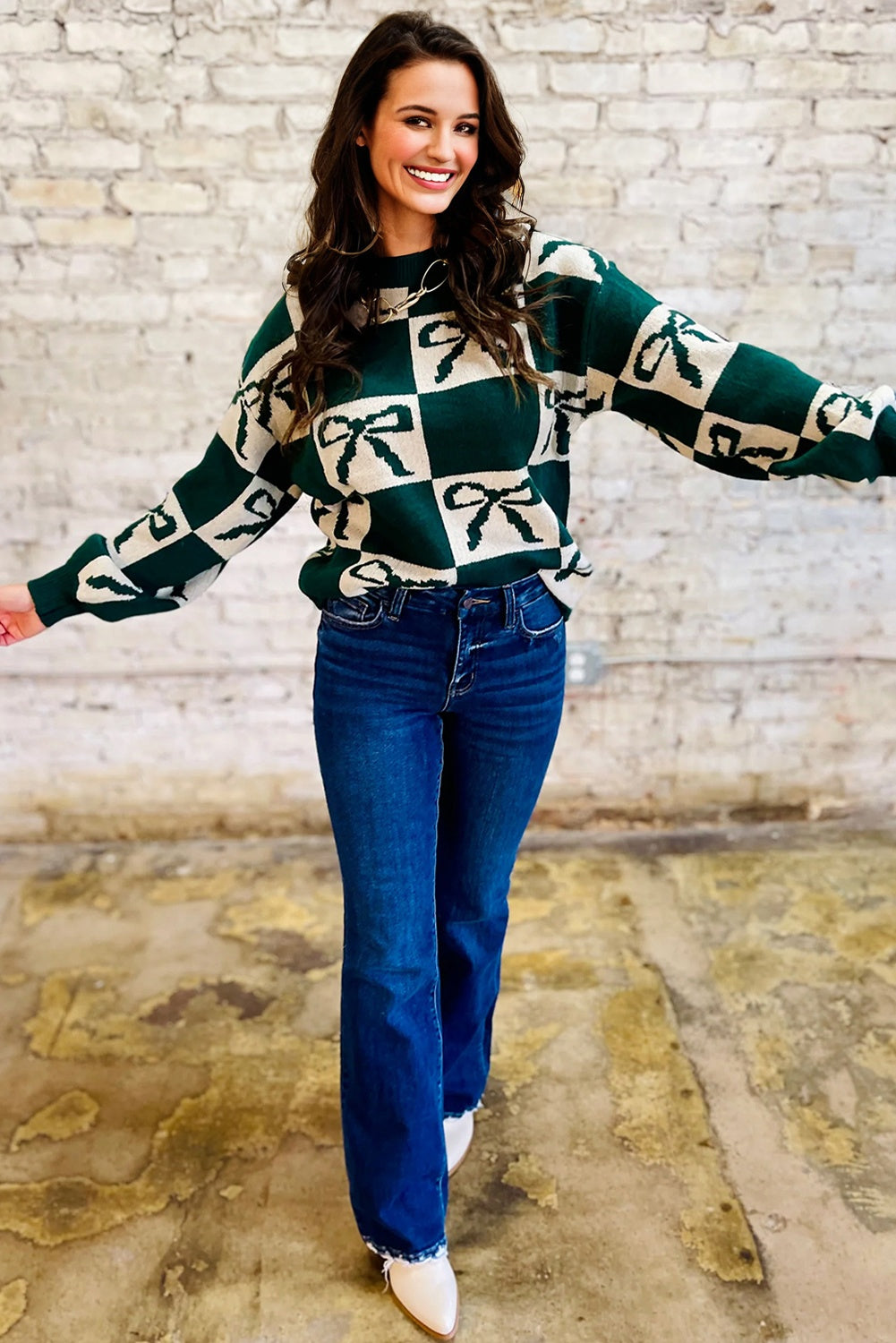 Blackish Green Checkered Bow Print Casual Sweater