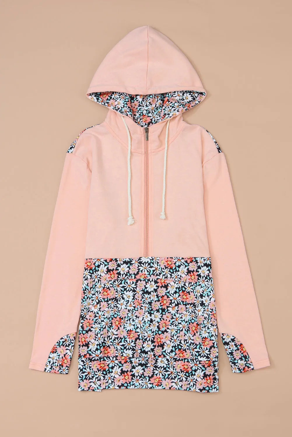 Pink Floral Patch Half Zip Kangaroo Pocket Hoodie - Chic Meadow Boutique 