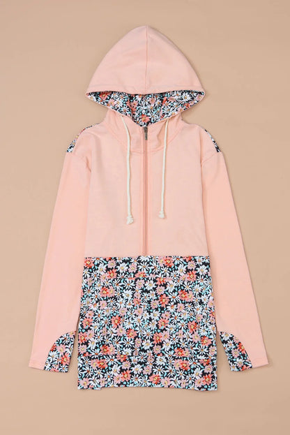 Tops/Sweatshirts & Hoodies Pink Floral Patch Half Zip Kangaroo Pocket Hoodie