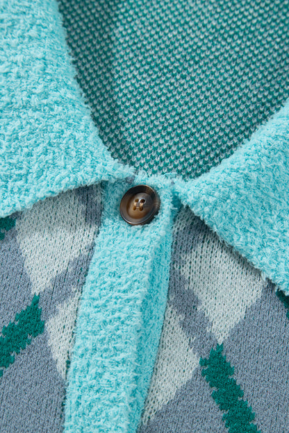 Green Plaid V Neck Long Sleeve Shift Cardigan Sweater