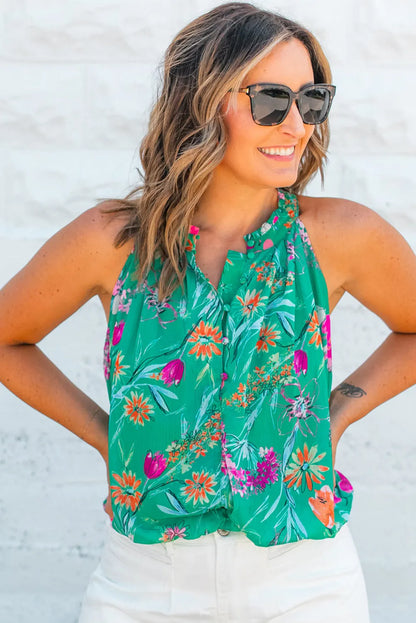 Bright Green Floral Print Buttoned Neckline Tank Top - Chic Meadow Boutique 