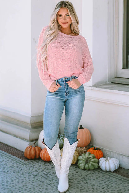 Pink Knitted Eyelets Round Neck Long Sleeve Top - Chic Meadow Boutique 